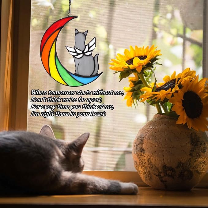 Grey Cat Memorial Gifts for Loss of Cat Sympathy Suncatcher, Rainbow Bridge Pet Memorial Bereavement Gifts, Stained Glass Window Hangings for Pet Lovers Loss