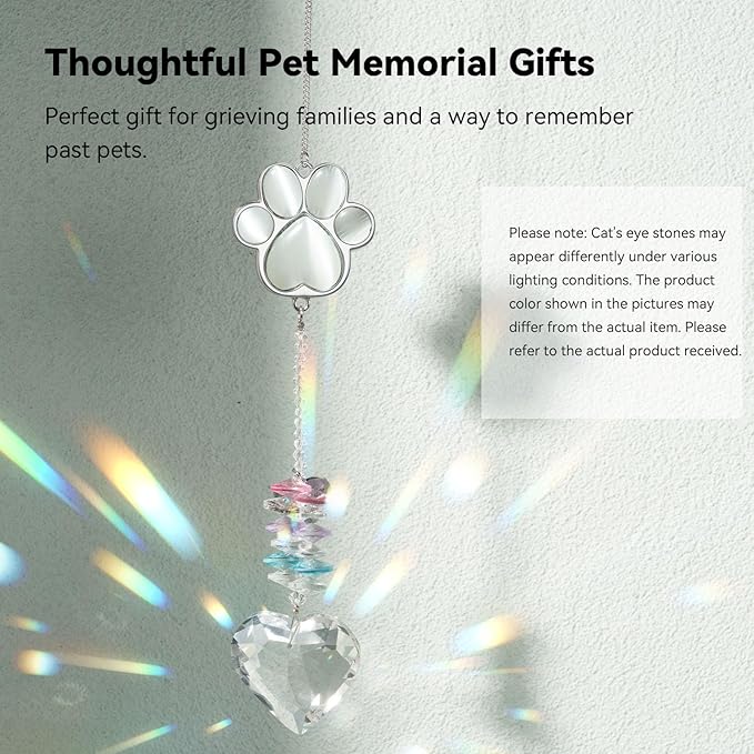Pet Memorial Suncatcher - Loss of Dog Sympathy Gift, Pet Memorial Gifts for Dogs, Thoughtful Dogs and Cats Bereavement Remembrance Gifts, Gemstone Paw Crystal Suncatcher(White Stone)