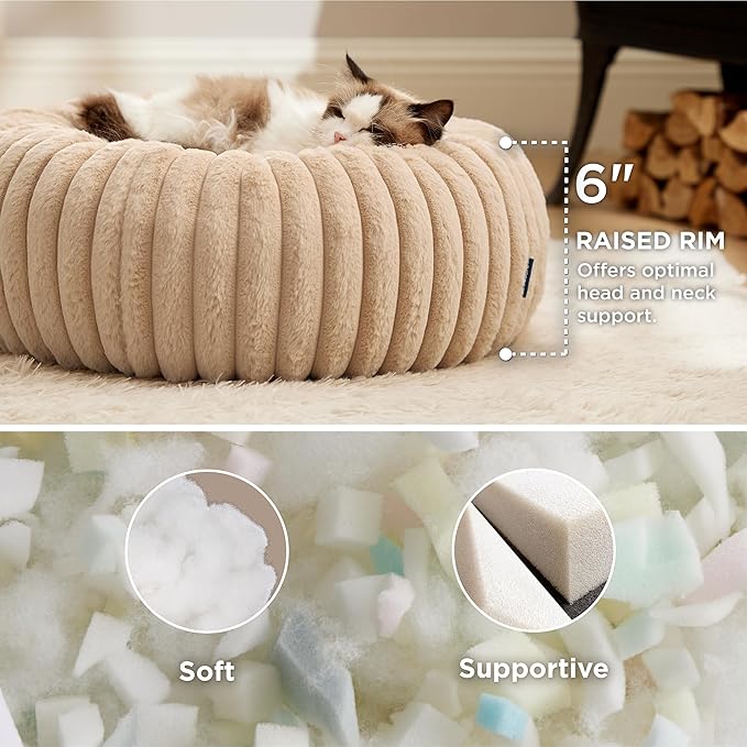 Bedsure Cat beds for Indoor Cats - Donut Dog Beds for Small Dogs with Corduroy Fleece & Anti Slip Bottom, Faux Fur Pet Beds with Washable Removable Cover, Sandy Beige, 20x20x6 inches