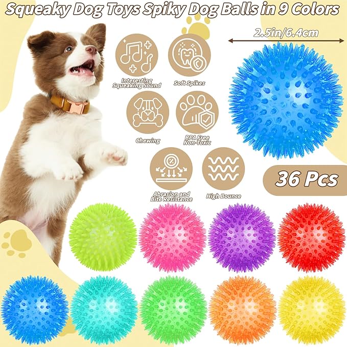 36 Pcs 2.5 in Squeaky Dog Toy Balls Spiky Dog Balls Chew Toy for Teething Durable High Bounce TPR Fetch Toy 9 Colors Water Toys for Small Medium Dogs Aggressive Chewers Clean Teeth and Training