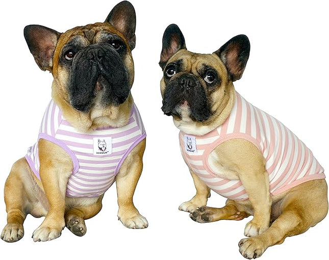 iChoue 2pcs French Bulldog Striped Shirts 100% Breathable Cotton Tank Tops Vests Clothes for Frenchie Dogs, Pink and Purple Stripes, Large