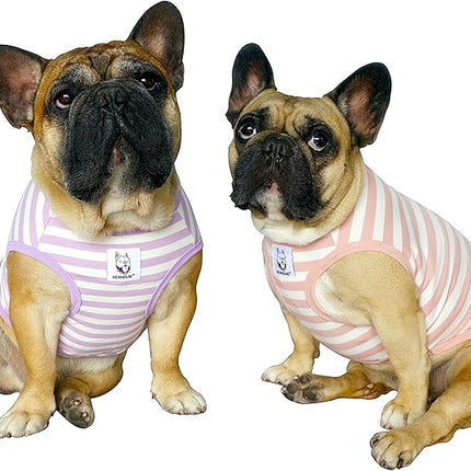 iChoue 2pcs French Bulldog Striped Shirts 100% Breathable Cotton Tank Tops Vests Clothes for Frenchie Dogs, Pink and Purple Stripes, Medium