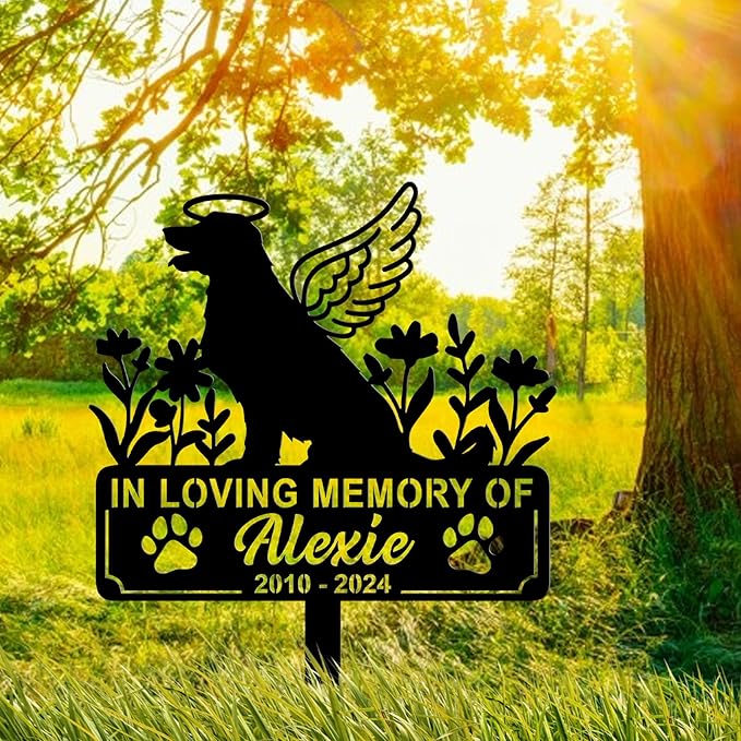 Personalized Dog Memorial Grave Marker, Custom Pet's Name Cemetery Decorations for Funerary, Metal Dog Burial Garden Stake, Outdoor Sympathy Angel Handstone Stake Plaque Gift for Loss