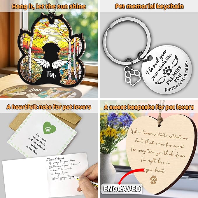 Personalized Angel Dog Memorial Suncatcher, Paw Suncatcher Remembrance Gift, Engraved Pet Memorial Ornament, Pet Sympathy Keychain, Loss of Animal Sympathy Card, Rainbow Bridge Dog Loss Gift