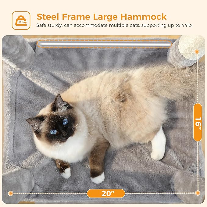 Cat Tree for Large Cats Adult with Metal Plush Big Hammock, 56.3" Cat Tower with 2 Door Condo House, 6-Tier Cat Shelves with Scratching Posts and Large Top Perch, Gray
