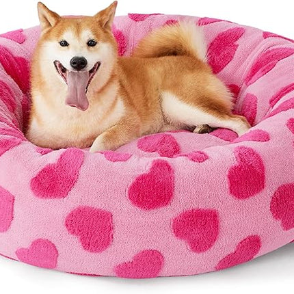 LE SURE Shown on TV Donut Large Dog Bed - XL Round Cat Beds Indoor Anti-Anxiety Calming Gift for Pets, Washable Cute Modern Beds with Jacquard Shaggy Plush & Anti Slip Bottom, 36 Inch, Heart Pink