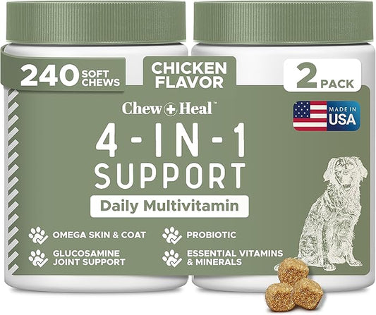 All in 1 Dog Vitamins and Supplements, 240 Soft Chew Multivitamins with Glucosamine, Probiotics, Omega Fish Oil -for Skin, Coat, Hip, Joint & Gut Health -Senior & Puppy (2 Packs of 120)