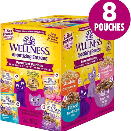 Wellness Appetizing Entrées Flaked & Shredded Adult Wet Cat Food, Natural, Protein-Rich, Grain Free, 2.8 Ounce Pouch, 8 Pack (Seafood & Poultry Variety Pack)