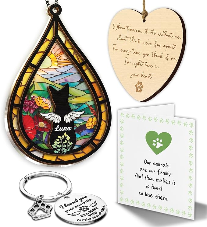 Personalized Angel Cat Memorial Suncatcher, Dog Cat Suncatcher Remembrance Gift, Engraved Pet Memorial Ornament, Pet Sympathy Keychain, Loss of Animal Sympathy Card, Rainbow Bridge Pet Loss Gift
