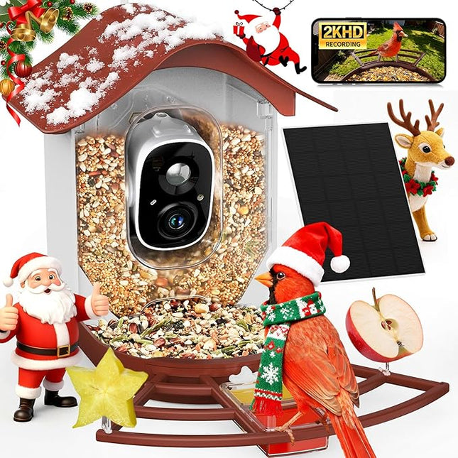 PeckCam® Smart Bird Feeder with Camera 2K HD Auto Detect & Notify, AI Identify 10000+ Birds Camera with Solar Panel 5 Perch Attachments Wireless Outdoor Birdwatching Gift for Birds Lover, Red