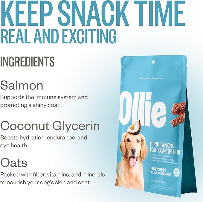 Ollie Salmon and Coconut Jerky Dog Treats, 5 oz Pack of 3, All Natural, Healthy Snacks, Made with Real Meat, Human Grade, for Dogs