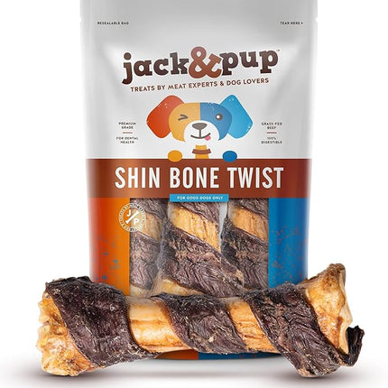 Jack&Pup 8-11” Twist Shin Bones, Roasted Meaty Beef Bone for Dogs – Long Lasting Natural Dog Bones, Big Dog Bone for Large Dogs (3 Pack)