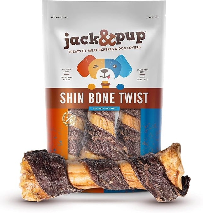 Jack&Pup 8-11” Twist Shin Bones, Roasted Meaty Beef Bone for Dogs – Long Lasting Natural Dog Bones, Big Dog Bone for Large Dogs (3 Pack)