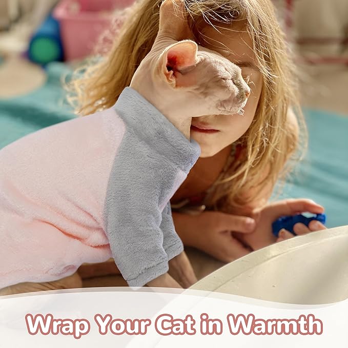 PUMYPOREITY Cozy Cat Sweater with Sleeves, Soft Coral Fleece Cat Clothes, Warm Winter Coat Thick Fleece for Hairless Cats, L, Pink