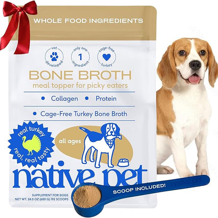 Native Pet Bone Broth for Dogs and Cats - Turkey Bone Broth Powder Dog Food Toppers for Picky Eaters - Provides Extra Nutrition for Joint Strength, Immune Support & Heart Health - 192 Scoops