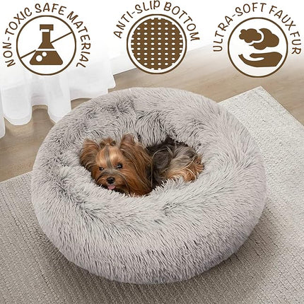 Friends Forever Donut Dog Bed Faux Fur Fluffy Calming Sofa For Small Dogs, Soft & Plush Anti Anxiety Pet Couch For Dogs, Machine Washable Coco Pet Bed with Non-Slip Bottom, 23"x23"x6" Grey