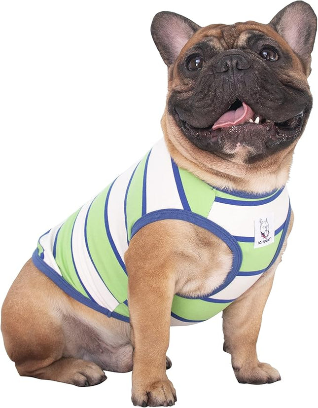 iChoue English Bulldog T Shirts 100% Cotton Striped Clothes for Medium Dogs Tank Tops Vest Large French Frenchie Pug Boston Terrier Pitbull Summer Green Stripes - XL