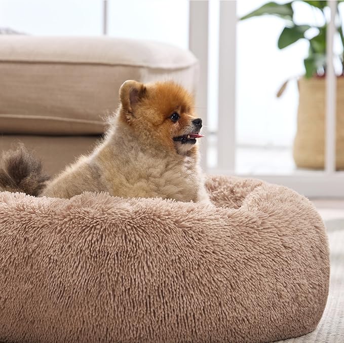 Bedsure Calming Dog Bed for Small Medium Dogs - Donut Washable Medium Puppy Bed, 27 inches Anti-Slip Round Fluffy Plush Faux Fur Pet Bed, Camel