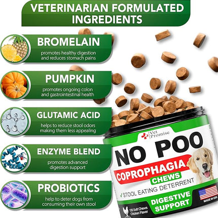 No Poo Chews for Dogs - Advanced Coprophagia Stool Eating Deterrent for Dogs - Stop Dog Poop Eating - Probiotics & Digestive Enzymes Supplement - Made in USA - Vet Formulated - 120 Soft Treats