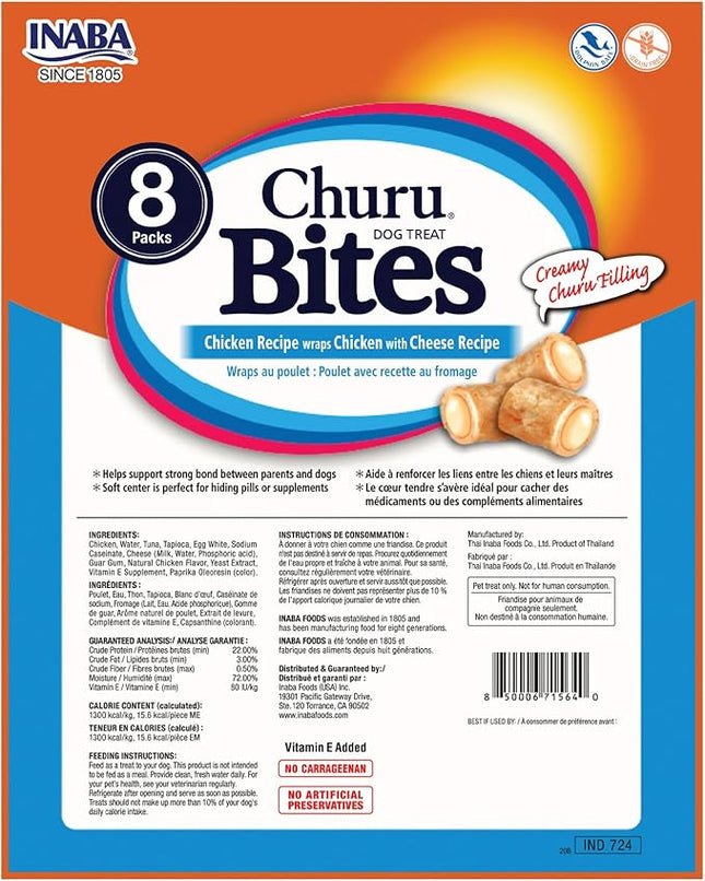 INABA Churu Bites for Dogs, Soft & Chewy Dog Treats with Vitamin E, 0.42 Ounces Each Tube, 64 Tubes Total (8 Tubes per Pack), Chicken with Cheese Recipe