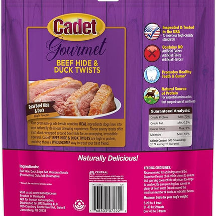Cadet Gourmet Beef Hide Twist Chew Sticks, Long Lasting & Natural Chew Treats for Dogs, Inspected & Tested in USA, Duck Flavor (50 Count)