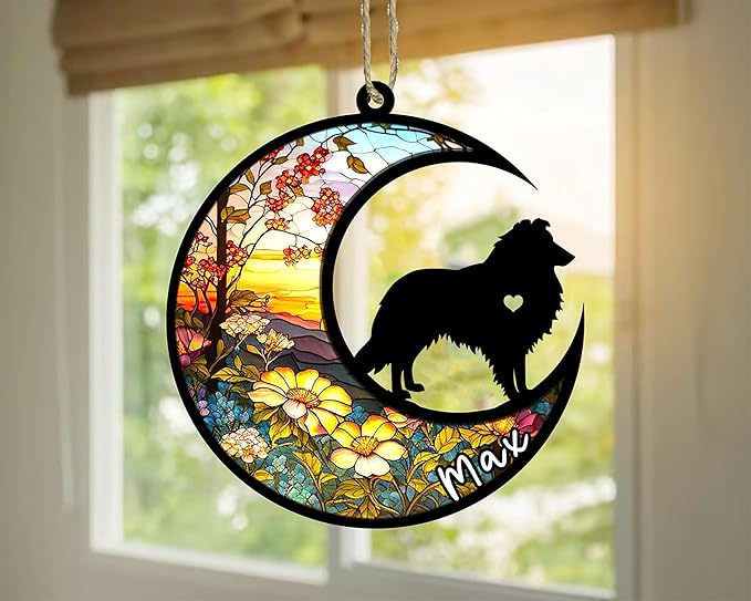 NAZENTI Shetland Sheepdog-Sheltie Hanging Ornament, Personalized Pet Memorial Suncatcher with Name, Christmas Gift for Dog Lovers