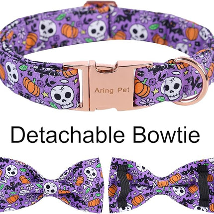 ARING PET Halloween Dog Collar Cute Pumpkin Dog Collar Bowtie, Cotton Purple Skull Bat Dog Collars Daisy Puppy Collars with Metal Buckle