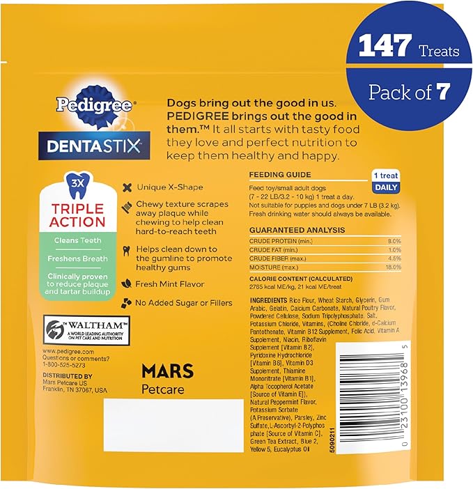 Pedigree Dentastix Small and Toy Breed Dog Treats, Fresh Flavor, (7) 21ct Bags (147 Treats Total)