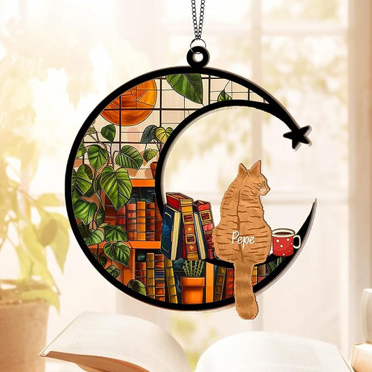 Personalized Pet Memorial Suncatcher – Custom Cat Book Suncatcher with Name & Breed, Memorial Keepsake for Cat Lovers, Home Décor Gift for Nerds, Librarians & Readers
