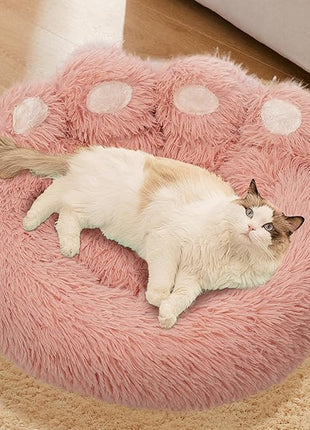Calming Dog Bed Cat Bed Medium Size Dog - Donut Washable Medium Pet Bed, Warm Kitten Nest 24 inches Anti-Slip Round Fluffy Plush Faux Fur Cat Bed, Fits up to 25 lbs Pets, (Luxury Pink)
