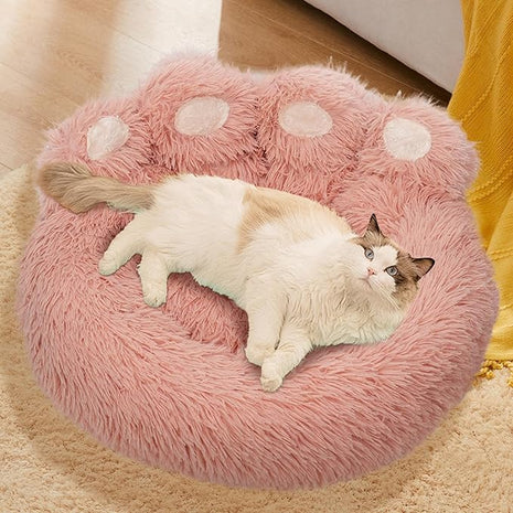 Calming Dog Bed Cat Bed Medium Size Dog - Donut Washable Medium Pet Bed, Warm Kitten Nest 24 inches Anti-Slip Round Fluffy Plush Faux Fur Cat Bed, Fits up to 25 lbs Pets, (Luxury Pink)