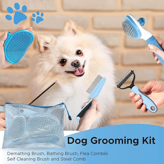 Cat and Dog Brushes for Grooming – Pet Grooming Kit with Brushes – At-Home Grooming Supplies with Dematting Comb, Slicker Brush, Dog Bath Brush (Pink)