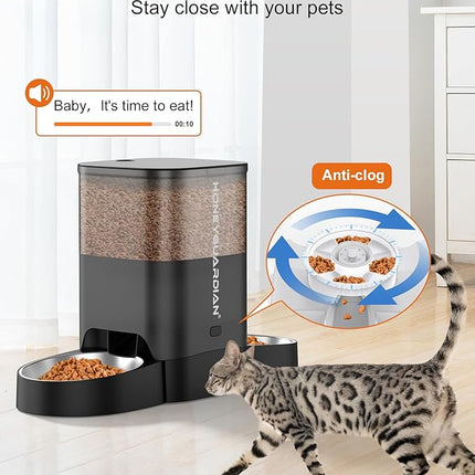 HoneyGuaridan Automatic Cat Feeder for Two Cats, 5G WiFi Smart Feed Pet Feeder with Stainless Steel Bowl,APP Control Dispenser, Dual Power Supply,Desiccant Bag,10s Meal Call Black