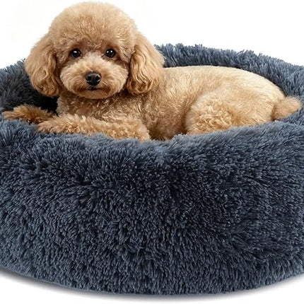 Dog Calming Beds for Small Medium Large Dogs - Round Donut Washable Puppy Dog Bed, Anti-Slip Faux Fur Fluffy Donut Cuddle Anxiety Cat Pet Bed(20" Dark Grey)