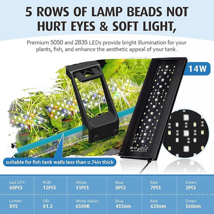 hygger Clip On Full Spectrum Aquarium LED Light, 14W Day-Night Dual Timer Sunrise-Day-Sunset-Moon Fish Tank Light, Adjustable Timer Brightness with 9 Colors for Planted Tank