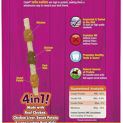 Cadet Gourmet Shish Kabob Dog Chews for Large Dogs, Rawhide Treats with Chicken and Sweet Potato, Healthy & Natural Pork Hide, 10-Inch Sticks, 4 Count
