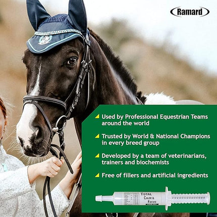 Ramard Total Calm and Focus for Horses Supplement - Magnesium & Calming Formula for Horse Show, Training, Performance Mental Alertness Without Drowsiness, Show Safe, Equine Supplies 1oz Syringe 3Packs