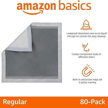 Amazon Basics Carbon Odor-Control Dog and Puppy Pee Pads, 5-Layer Leak-Proof Super Absorbent, Quick-Dry Surface, Potty Training, Regular (22x22"), 80 Count, Gray