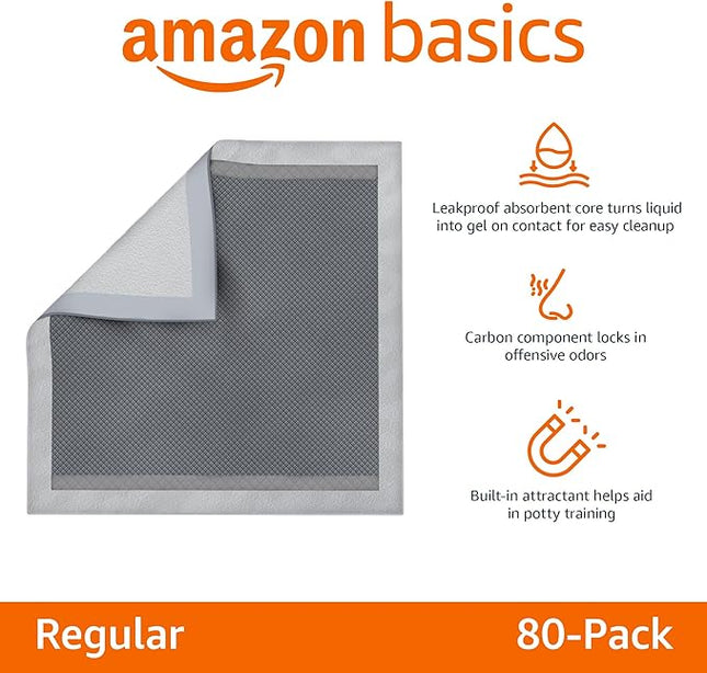 Amazon Basics Carbon Odor-Control Dog and Puppy Pee Pads, 5-Layer Leak-Proof Super Absorbent, Quick-Dry Surface, Potty Training, Regular (22x22"), 80 Count, Gray