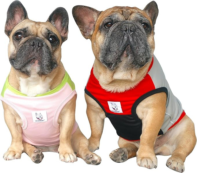 iChoue 2pcs French Bulldog Summer Cooling Shirt for Dogs UV Sun Protection Vest Sleeveless Breathable Tank Top English Pug Pink Green Red Grey - Large