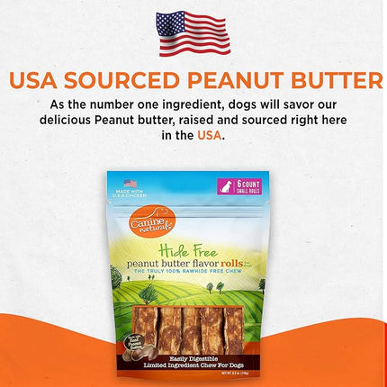Canine Naturals Peanut Butter Chew - 100% Rawhide Free Dog Treats - Made with Real Peanut Butter - All-Natural and Easily Digestible - 6 Count of 2.5 Inch Mini Rolls for Dogs Under 20lbs