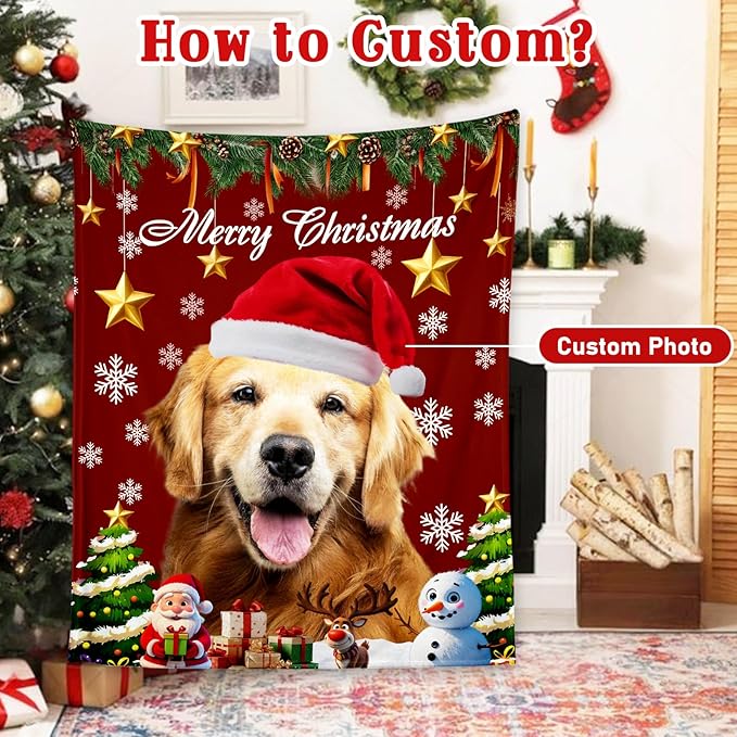 Personalized Christmas Pet Blanket, Custom Dog Portrait Blanket with Photo Name, Customized Throw Blanket for Dog Lovers, for Pet Lovers, Xmas Throw Blanket, Pet Memorial Gifts