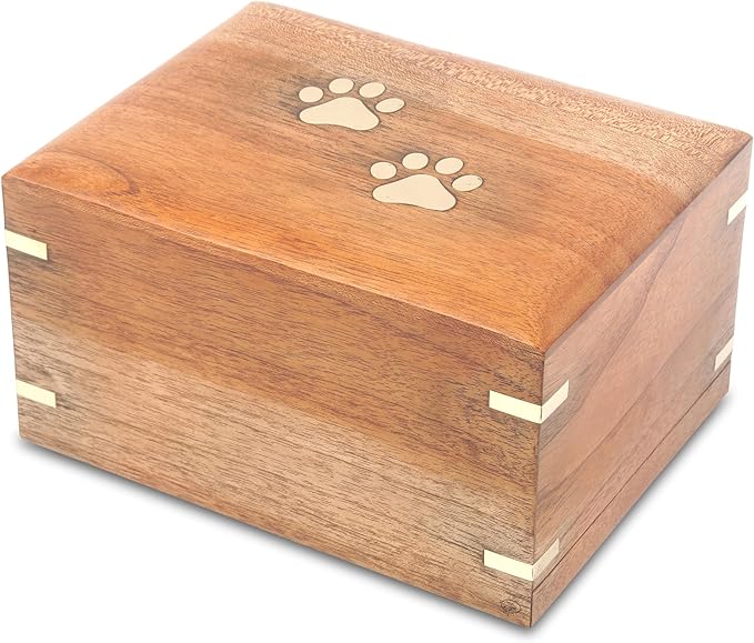 ZIYA Wooden Cremation Urn for Dog Ashes | Handmade Wood Pet Urn | Brass Paws Inlaid | Pet Memorial | Funeral Urns for Pet Ashes-Small