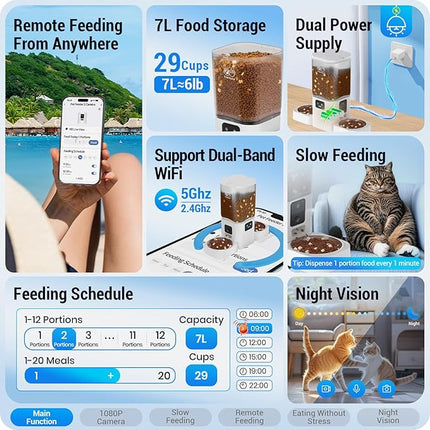 Automatic Cat Feeder with Two 1080P Camera for 2 Cats: 7L Automatic Dog Feeder with Night Vision & Slow Feed, 5G WiFi Auto Cat Food Dispenser for Multiple Pet,Detachable for Clean(ACF180W-C)