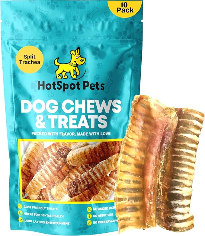 hotspot pets Premium Beef Trachea for Dogs 6" Strips Split (10 Pack) All Natural Grass-Fed Beef Dog Chews, Rich in Glucosamine Chondroitin for Joint Health, Single Ingredient No Rawhide Dog Treats