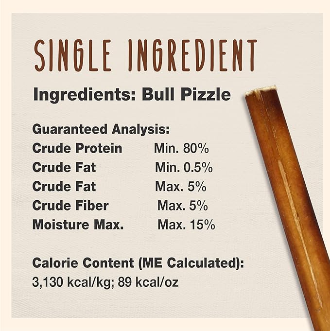 Cadet Bully Sticks for Large Dogs, All-Natural Beef Pizzle, Rawhide-Free Long-Lasting Dog Chews for Aggressive Chewers, 1 Count