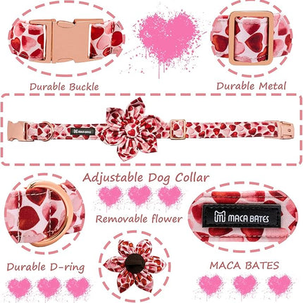 Maca Bates Valentine's Day Dog Collar with Floral Bow for Small Girl Boy Dogs,Red Love Hearts Pattern,Adjustable Durable Soft Valentine Gift for Female Male Puppy