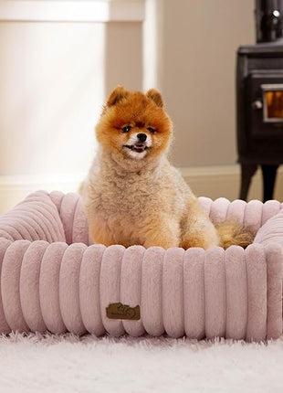 Bedsure Cute Dog Bed for Small Medium Dogs - Washable Furry Puppy Beds, Rectangle Orthopedic Corduroy Fleece Pet Beds with Removable Zipper Cover, 25x21x7inches, Blush Pink