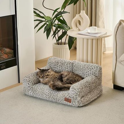 Hollypet Fluffy Plush Pet Cat Couch Soft Calming Pet Sofa Beds for Medium Small Cats and Dogs, Snow Leopard
