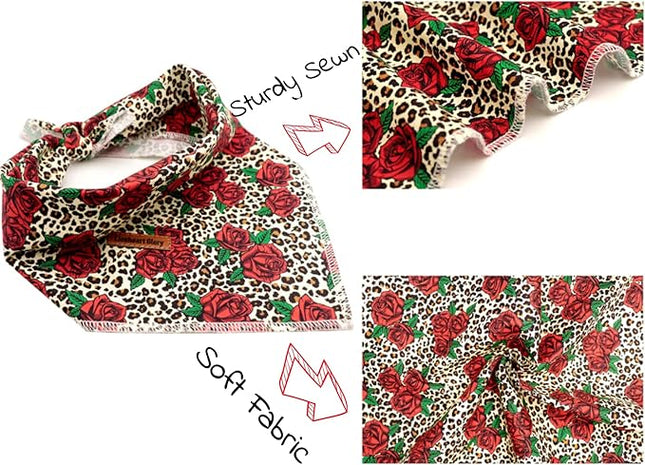 Lionheart glory Dog Bandana 1 Pack Washable Soft Cotton Rose Leopard Bibs Scarf, Adjustable Kerchief Square Dog Bandanas for Large Dogs